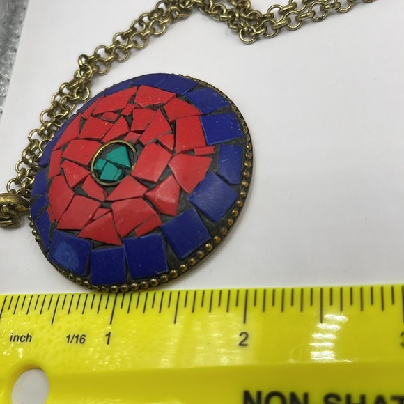 9/3 Todays show gift Big vintage mosaic brass red blue necklace pendant & more - Picture 9 of 14